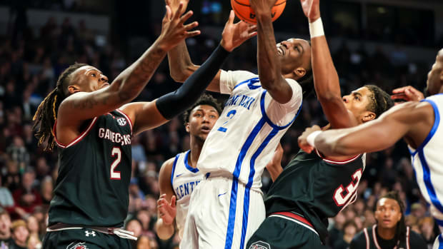 Jan 23, 2024; Columbia, South Carolina, USA; South Carolina Gamecocks forward B.J. Mack (2) and forward Benjamin Bosmans-Verdonk (31) battle Kentucky Wildcats forward Aaron Bradshaw (2) for a rebound in the first half at Colonial Life Arena. Mandatory Credit: Jeff Blake-USA TODAY Sports